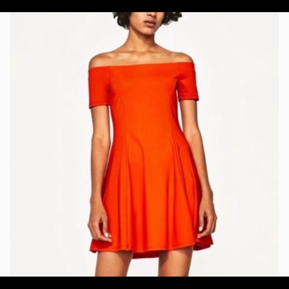 Orange off-the-shoulder dress